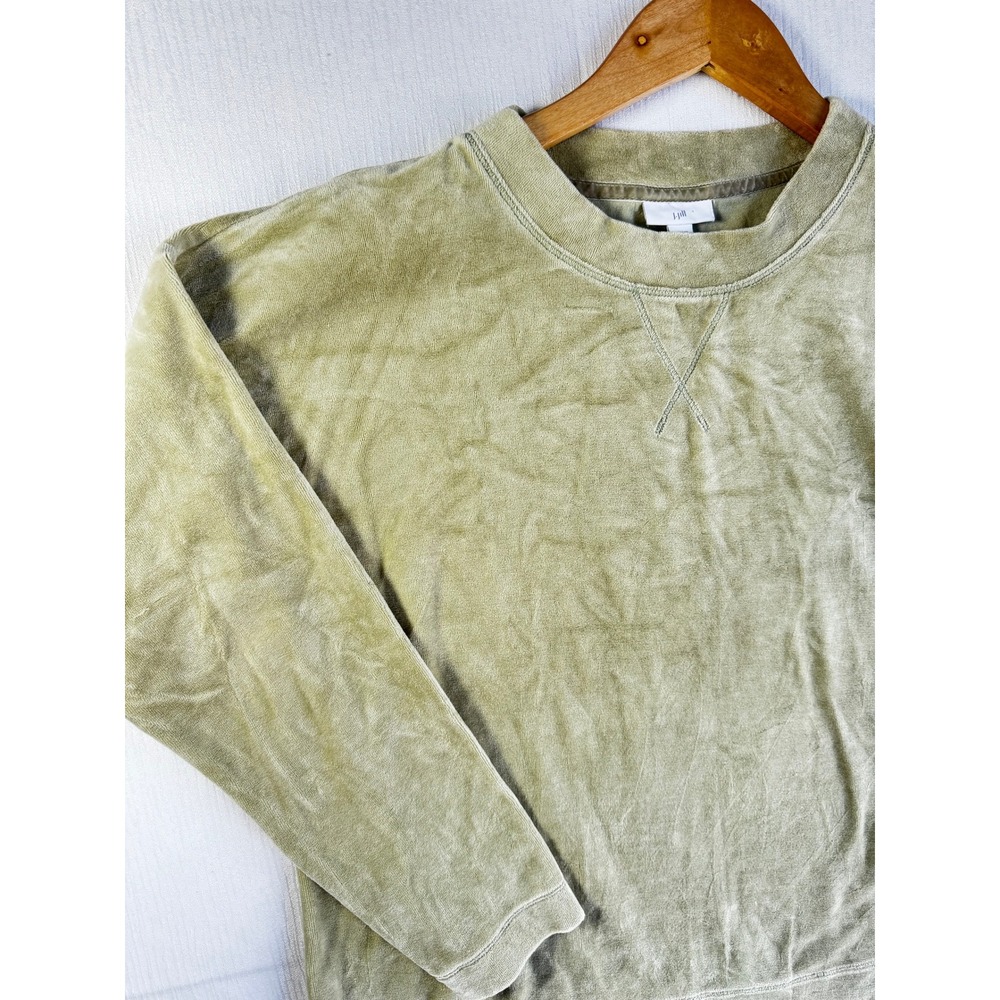 J.Jill Olive Green Velour Crewneck Sweatshirt Medium V-Stitch Ribbed Trim Cozy